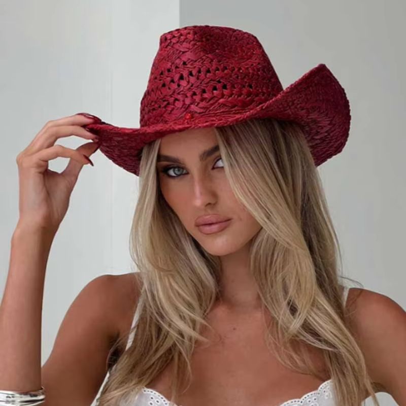Cowboy Hat Straw - Sombrero de vaquero rojo pintado a